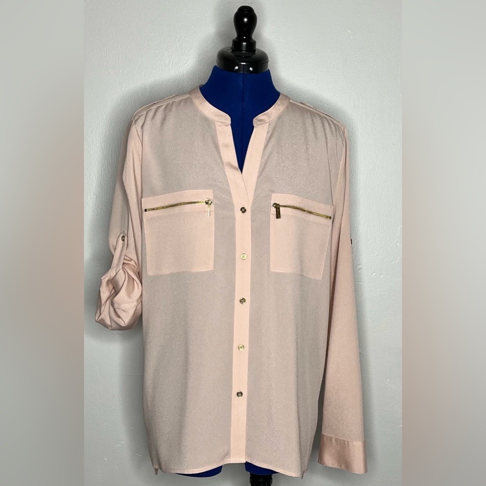 Calvin Klein classic roll tab sleeves/zip pocket blouse.